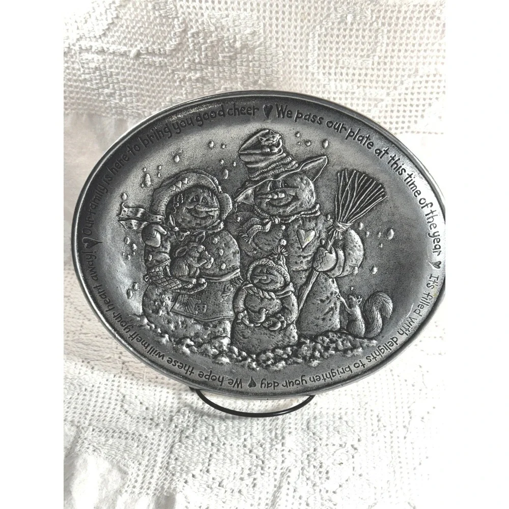 Carson Statesmetal Snowman Friendship Plate Pewter Style Serving Platter USA